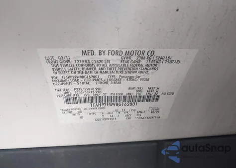 2011 Ford Taurus Sel из США, поврежденный, VIN 1FAHP2EW9BG162801